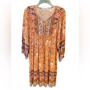 Boho Orange Floral Relaxed Flowy Peasant Sleeves Front Tie ‘60s Vibe Dress